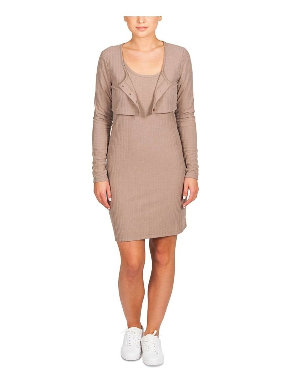 Hippie Rose Womens Ribbed Button Front Scoop Neck Sheath Dress Beige Size Large